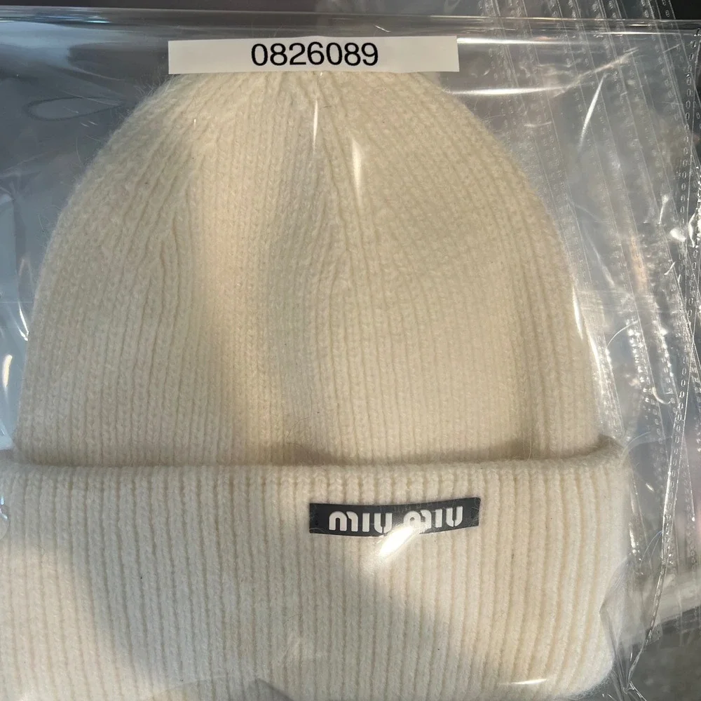Miu Miu Cream White Ribbed Mohair Blend Beanie Logo Patch Made in Italy Hat
